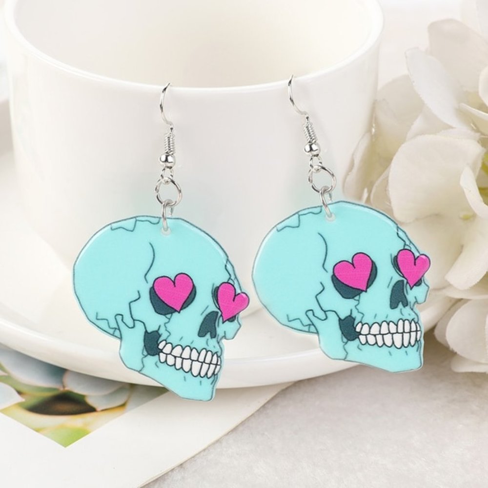 Halloween Blue Skull heart eyes earrings